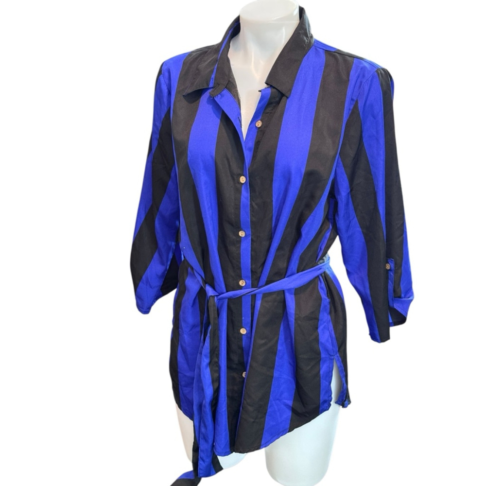 Women's Jaqueline Design Studio Button Down Shirt L Blue Black Striped euc
